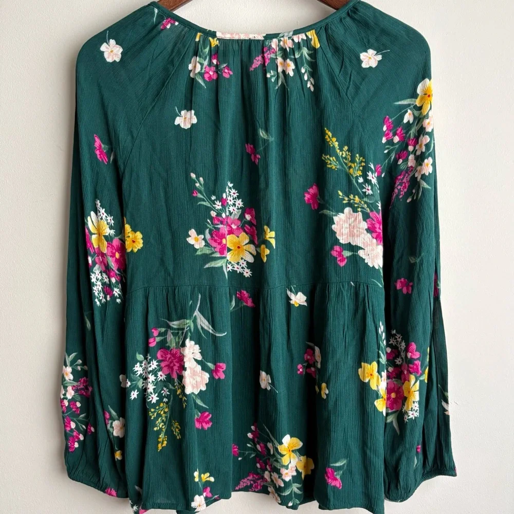 Old Navy Floral Peasant Blouse Women’s Medium Green Boho Long Sleeve Flowy Top - Picture 5 of 5